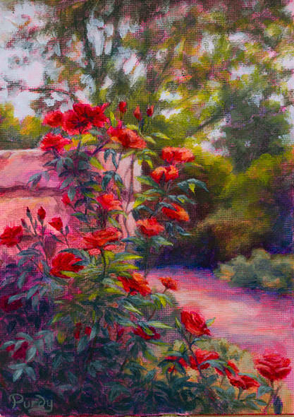 painting of red roses climbing up a stone pillar by a tree-lined path