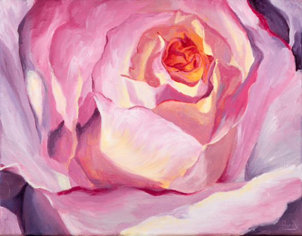 painting of a close-up view of the center of a pink rose