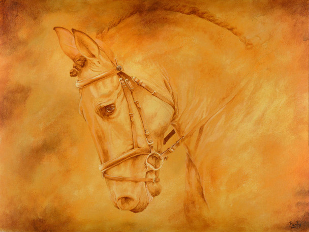 Acrylic painting of a dressage horse, done in aged colors of yellows, oranges, and browns