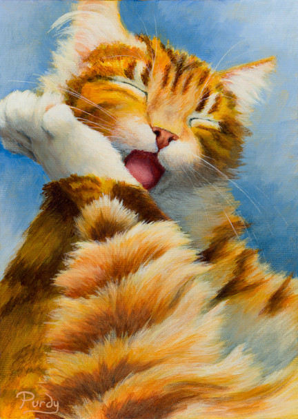 acrylic painting of an orange tabby cat kitten cleaning its toes