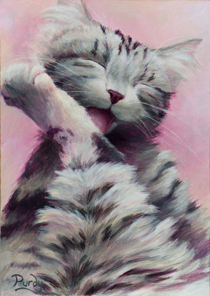 acrylic painting of a grey tabby cat kitten cleaning its toes