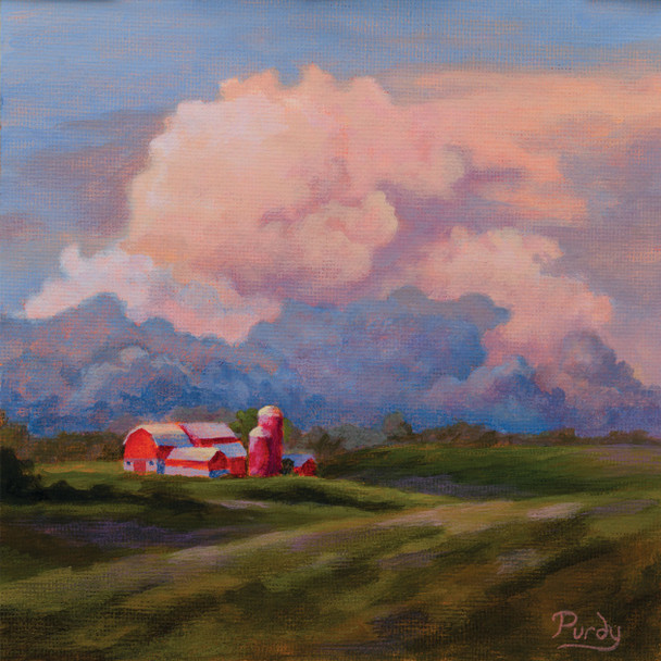 Painting of a red barn on rolling green hills under towering clouds
