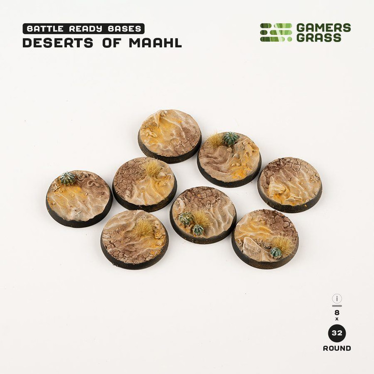 Gamers Grass Deserts of Maahl Bases, Battle Ready - Round 32mm (x8)