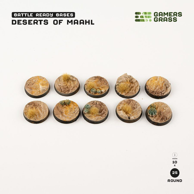 Gamers Grass Deserts of Maahl Bases, Battle Ready - Round 25mm (x10)