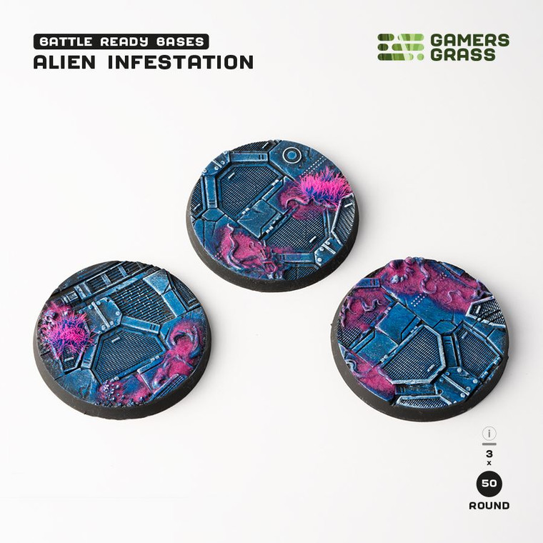 Gamers Grass Alien Infestation Bases, Battle Ready - Round 50mm (x3)