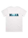 Ocean Mama Classic T-shirt in white, featuring a deep blue ocean-inspired ‘MAMA’ print - perfect for relaxed, coastal Mama & Mini matching outfits