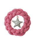 Handmade red gingham Christmas wreath with personalised sage green hanging star