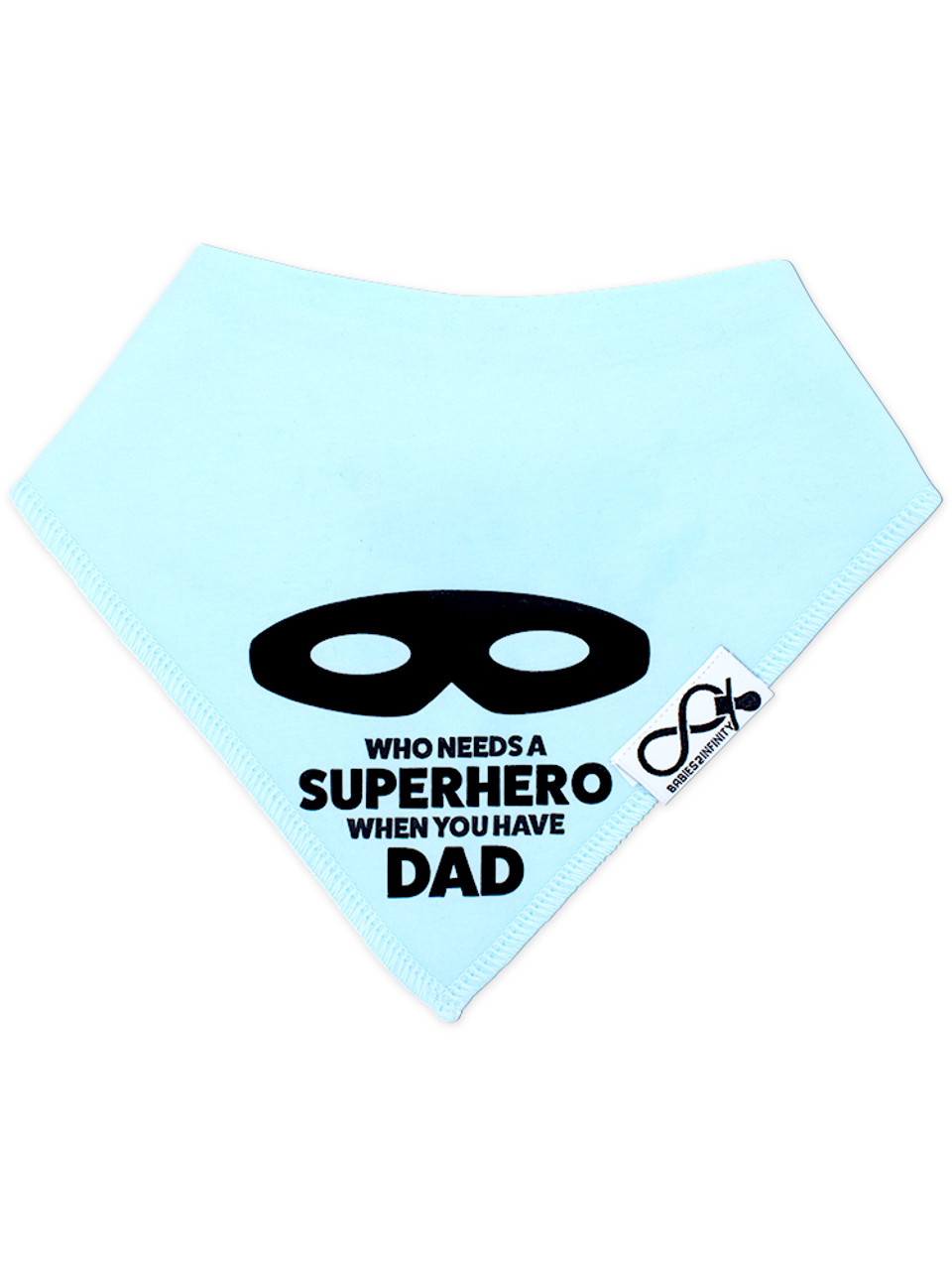 Mum/Dad Superhero Personalised Bib in LIght Blue fabric with Black print
