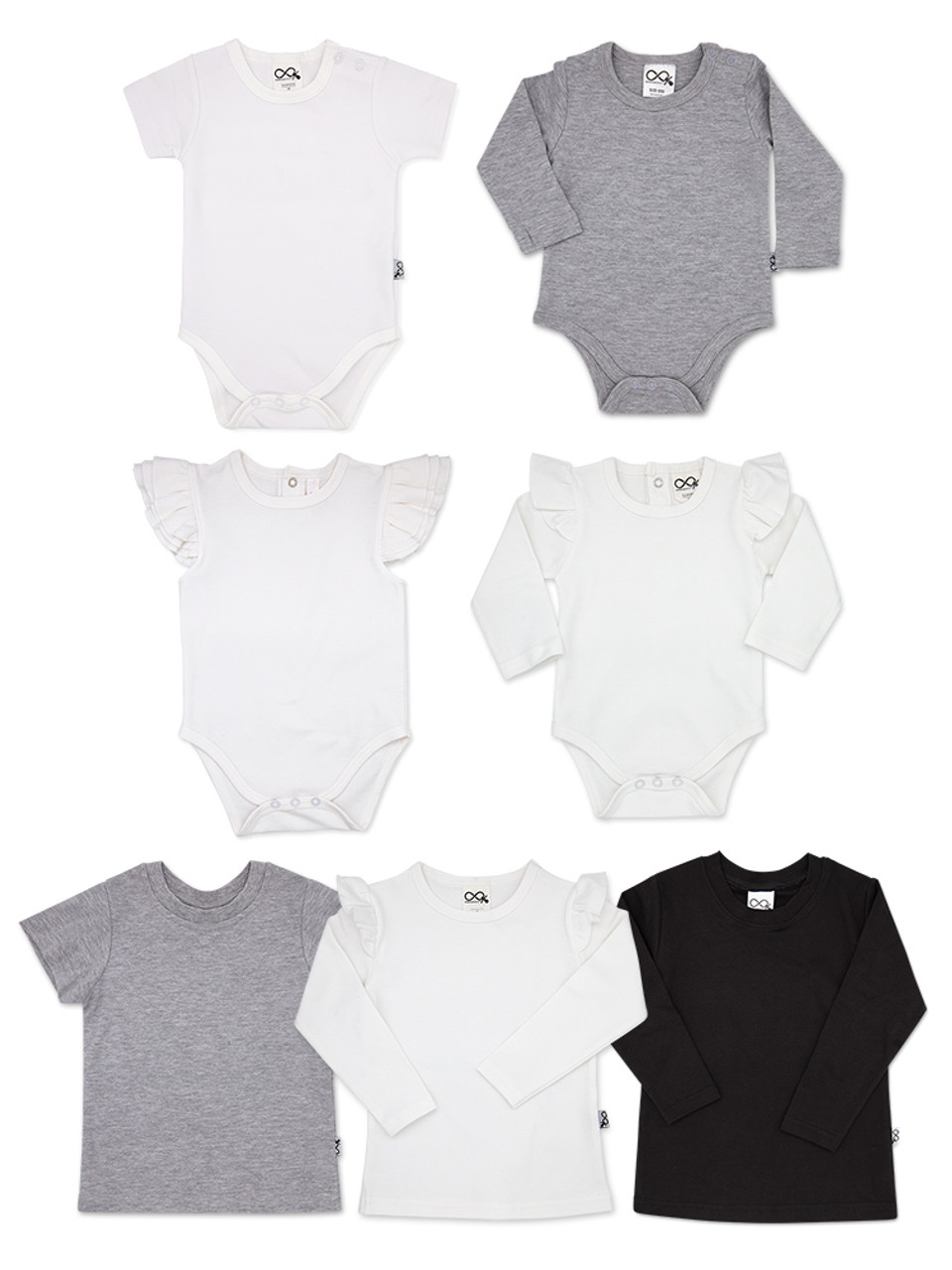 7 styles available - Short Sleeve Onesies, Long Sleeve Onesies, Sleeveless Frill Onesie, Long Sleeve Frill Onesie, Short Sleeve T-shirt, Long Sleeve T-shirt, Long Sleeve Frill T-shirt