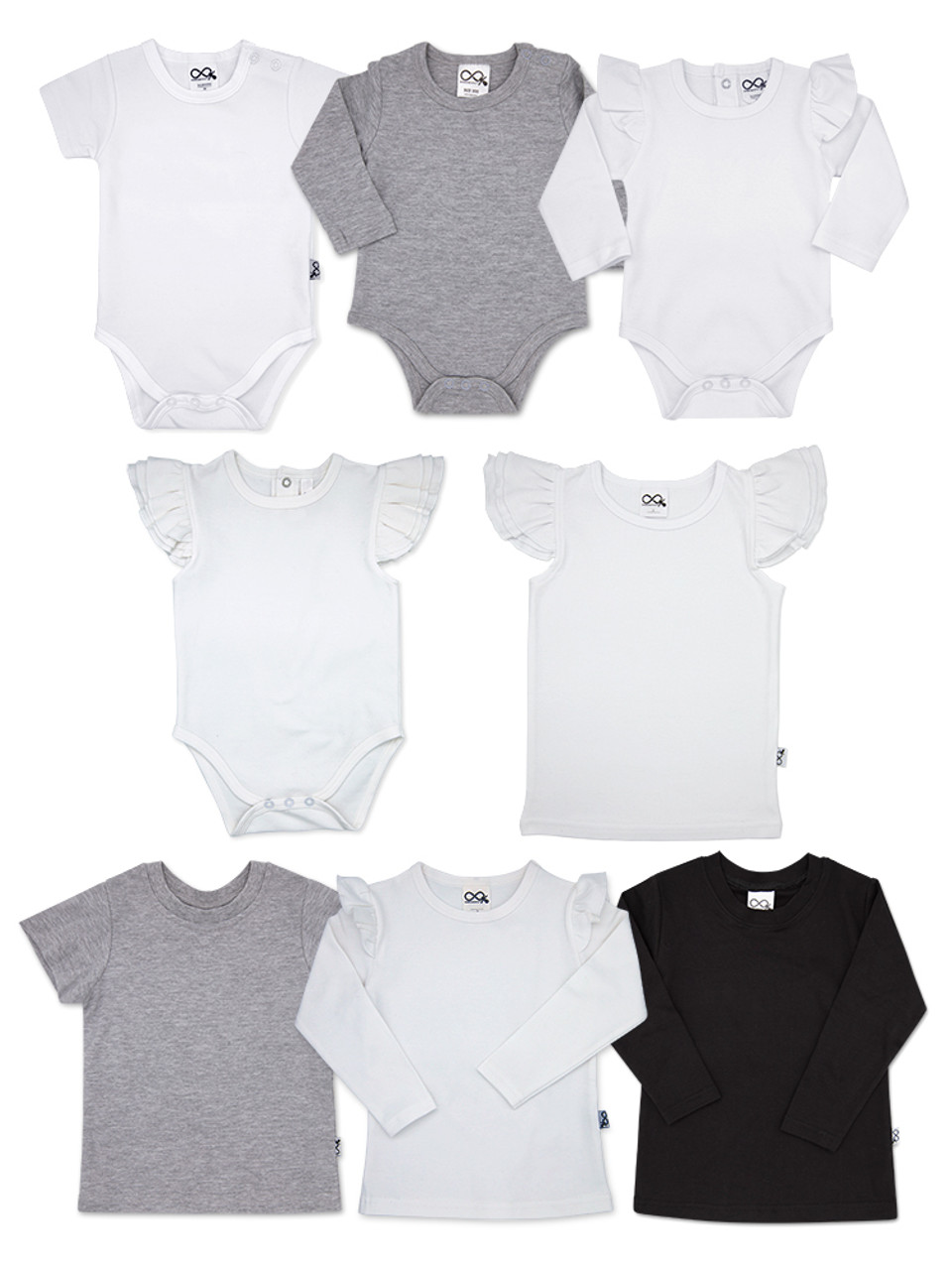 8 styles available - Short Sleeve Onesies, Long Sleeve Onesies, Long Sleeve Frill Onesie, Sleeveless Frill Onesie, Sleeveless Frill T-shirt, Short Sleeve T-shirt, Long Sleeve Frill T-shirt, Long Sleeve T-shirt