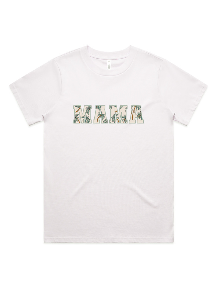 Palm Mama Classic T-shirt in white, featuring a soft neutral palm print ‘MAMA’ design — perfect for relaxed, coastal-inspired Mama & Mini matching outfits