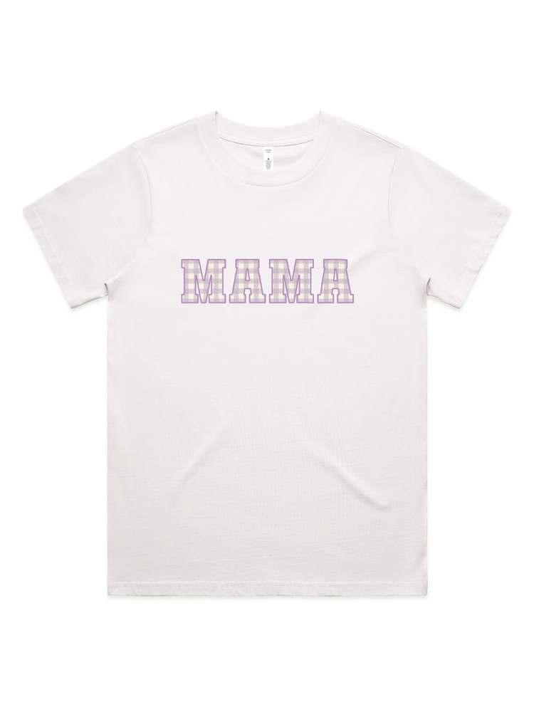 Gingham Mama Classic T-shirt in white, featuring a soft lilac gingham ‘MAMA’ print - perfect for timeless Mama & Mini matching outfits