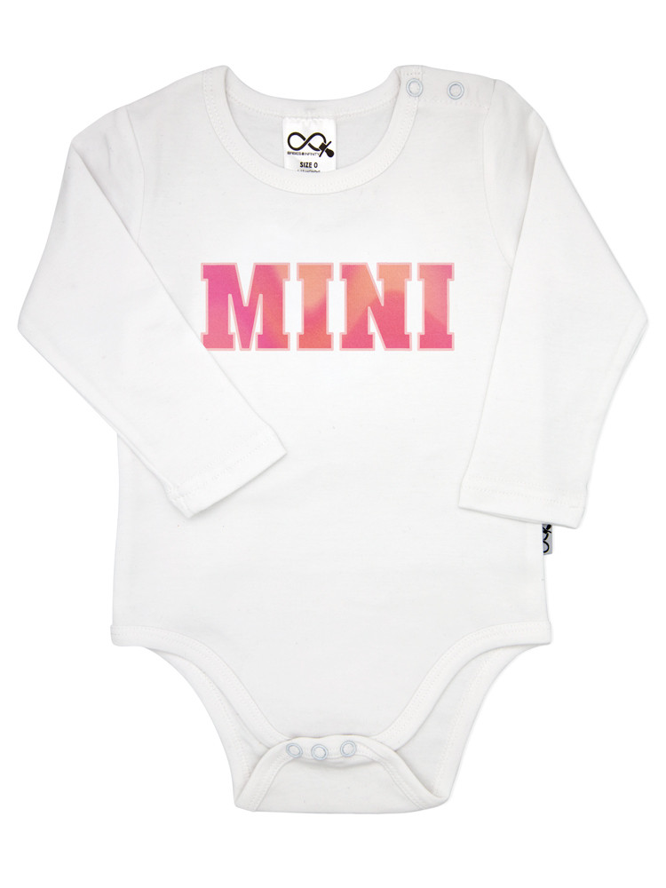 Gradient Mini Onesie in white, featuring a soft pink tonal ‘MINI’ print - designed to match our Mama T-shirts for the perfect Mama & Mini set
