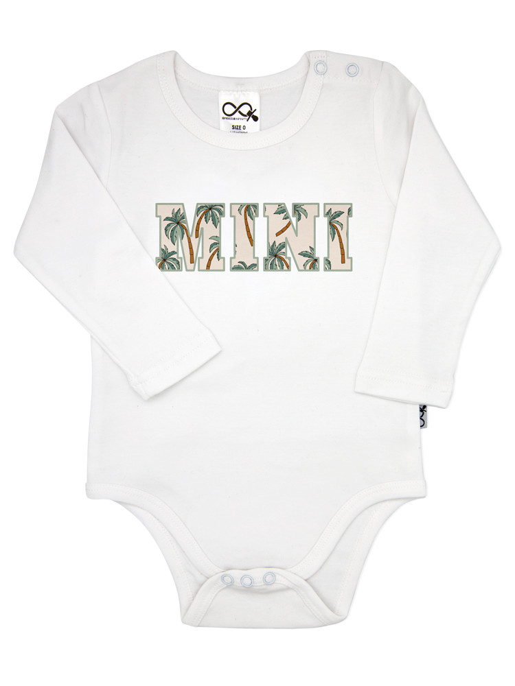 White Mini onesie with a neutral palm print ‘MINI’ design — a sweet matching piece for your littlest love