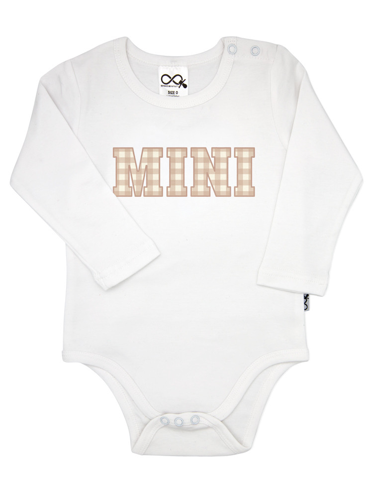Gingham Mini Onesie in white, featuring a neutral tan gingham ‘MINI’ print — designed to match our Mama T-shirts for the perfect Mama & Mini set