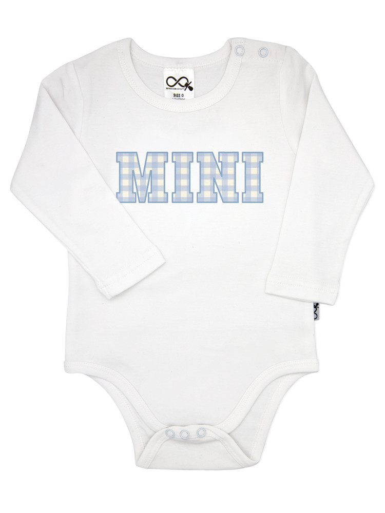Gingham Mini Onesie in white, featuring a soft blue gingham ‘MINI’ print — designed to match our Mama T-shirts for the perfect Mama & Mini set