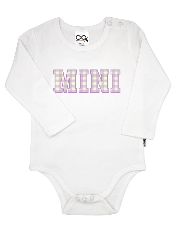 Gingham Mini Onesie in white, featuring a soft lilac gingham ‘MINI’ print — designed to match our Mama T-shirts for the perfect Mama & Mini set