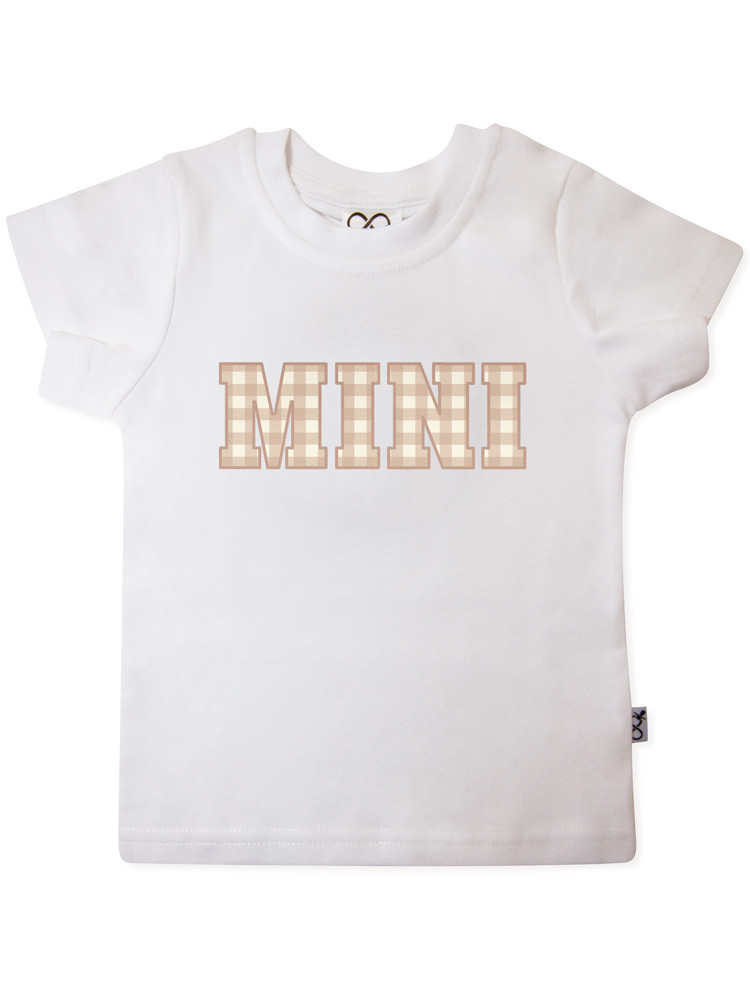 Gingham Mini T-shirt in white, featuring a neutral tan gingham ‘MINI’ print — designed to match our Mama T-shirts for the perfect Mama & Mini set