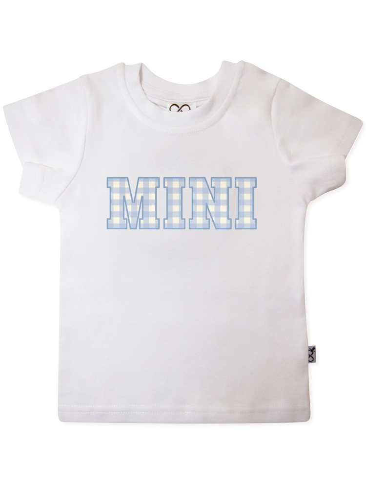Gingham Mini T-shirt in white, featuring a soft blue gingham ‘MINI’ print — designed to match our Mama T-shirts for the perfect Mama & Mini set