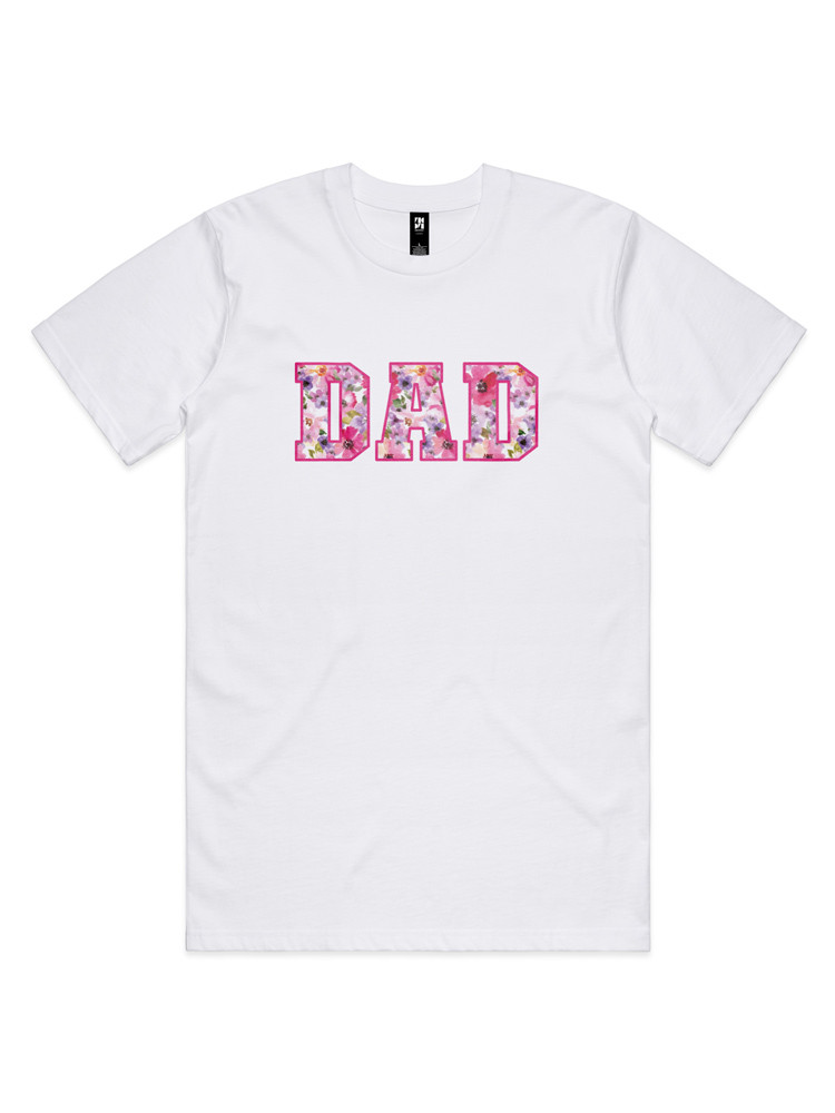 Soft Floral Dad Classic T-shirt in white, featuring a vibrant floral ‘DAD’ print -designed for matching Dad & Mini outfits