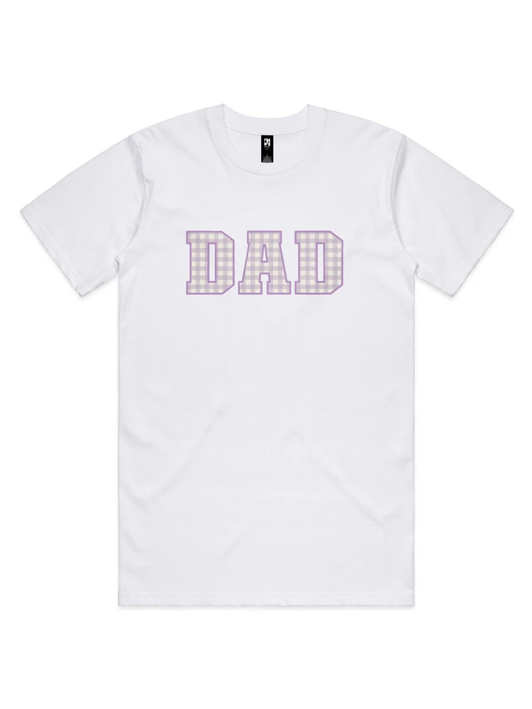 Gingham Dad Classic T-shirt in white, featuring a soft lilac gingham ‘DAD’ print - perfect for timeless Dad & Mini matching outfits