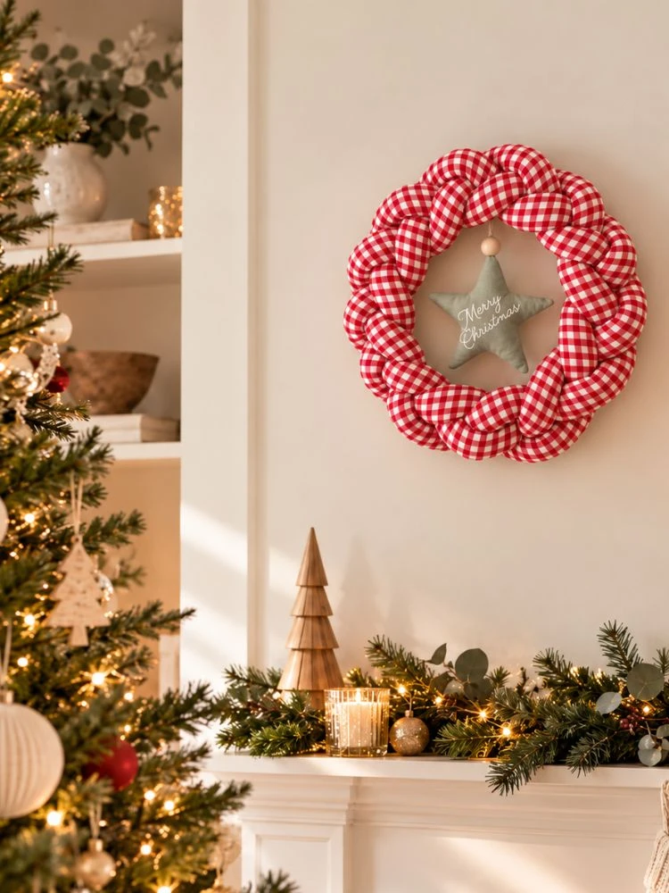 Handmade red and white gingham Christmas wreath with Merry Christmas star, displayed above a festive mantelpiece beside a decorated Christmas tree.