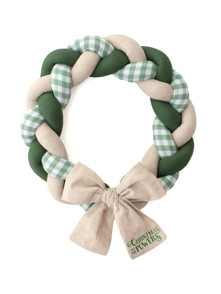 Personalised green Christmas wreath with gingham fabric and oversized cream linen bow