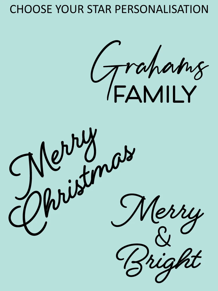 Christmas wreath hanging star personalisation options showing Grahams Family, Merry Christmas and Merry & Bright lettering designs