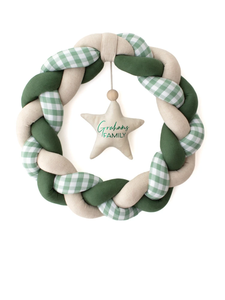 Handmade green and cream Christmas wreath with gingham fabric and personalised hanging star
