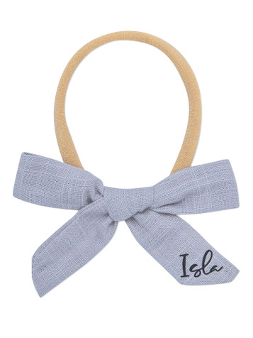 Bow Modern Cursive Personalised Headband in Grey with Black print Bow Modern Cursive Personalised Headband in Grey with Black print