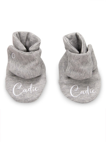 Script Personalised Baby Booties with White print Script Personalised Baby Booties with White print