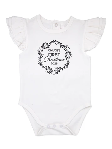 White frill sleeve baby onesie with personalised First Christmas wreath design