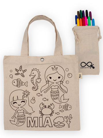 Mermaid Colouring Canvas Tote Bag with Washable Markers Mermaid Colouring Canvas Tote Bag with Washable Markers