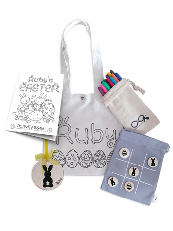 Personalised Easter Kids Activity Set featuring colouring bag, colouring and activity book, Easter themed Tic Tac Toe, name tag and 12 markers