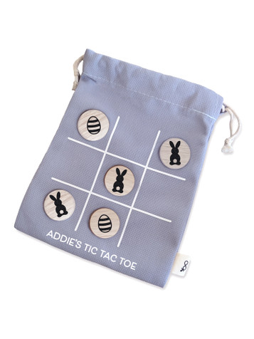 Easter Tic Tac Toe Game featuring 10 discs (5 Bunny and 5 Eggs) and a storage bag which doubles as a playing mat