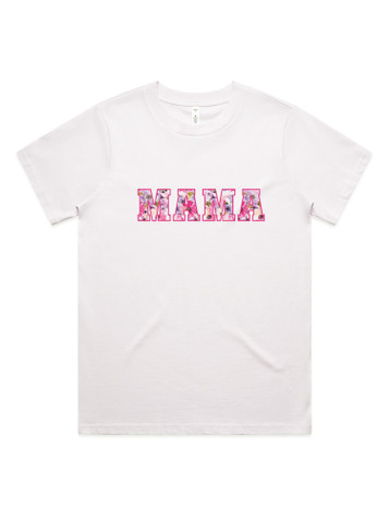 Soft Floral Mama Classic T-shirt in white, featuring a vibrant floral ‘MAMA’ print -designed for matching Mama & Mini outfits