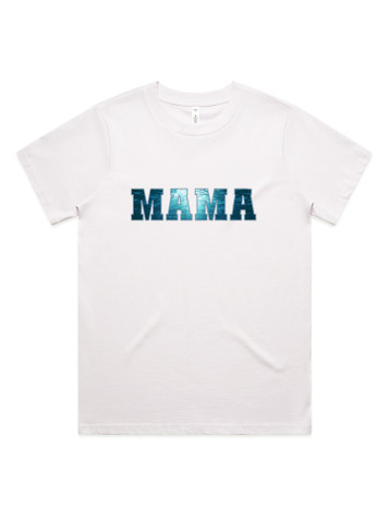 Ocean Mama Classic T-shirt in white, featuring a deep blue ocean-inspired ‘MAMA’ print - perfect for relaxed, coastal Mama & Mini matching outfits