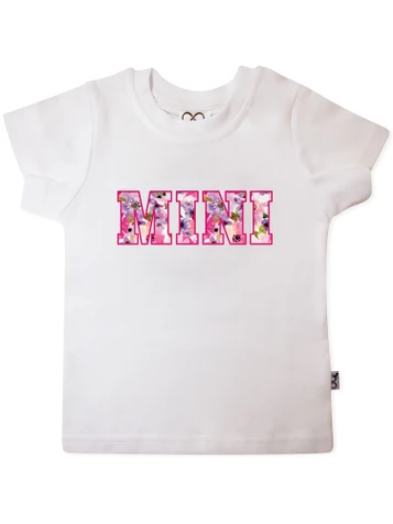 Floral Mini T-shirt in white, featuring a vibrant floral ‘MINI’ print — designed to match our Mama T-shirts for the perfect Mama & Mini set
