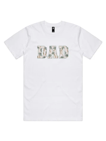 Palm Dad Classic T-shirt in white, featuring a soft neutral palm print ‘DAD’ design — perfect for relaxed, coastal-inspired Dad & Mini matching outfits