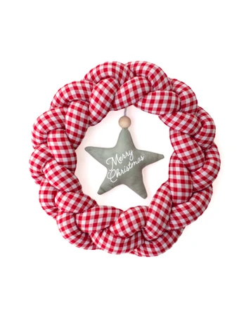 Handmade red gingham Christmas wreath with personalised sage green hanging star