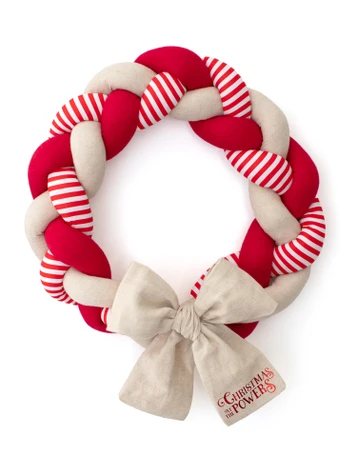 Handmade red Christmas wreath with striped fabric and personalised cream linen bow