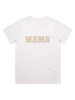 Gingham Mama Classic T-shirt in white, featuring a soft tan gingham ‘MAMA’ print - perfect for timeless Mama & Mini matching outfits
