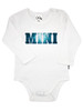 Ocean Mini Onesie in white, featuring a deep blue ocean-inspired ‘MINI’ print — designed to match our Mama T-shirts for the perfect Mama & Mini set
