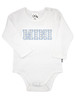 Gingham Mini Onesie in white, featuring a soft blue gingham ‘MINI’ print — designed to match our Mama T-shirts for the perfect Mama & Mini set