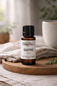Essential7 Gastro digestive support essential oil blend with mastic in an amber bottle on a natural wellness background.