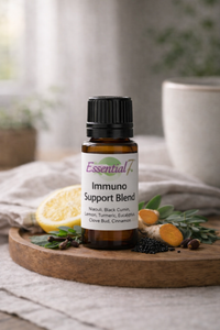 Immuno immune support essential oil blend in amber bottle with natural ingredients
