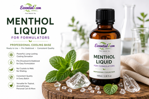 Essential7 Menthol Liquid for Formulators displayed in an amber glass bottle surrounded by fresh peppermint leaves and menthol crystals, representing a professional pre-stabilized cooling base for custom aromatherapy and topical formulations.