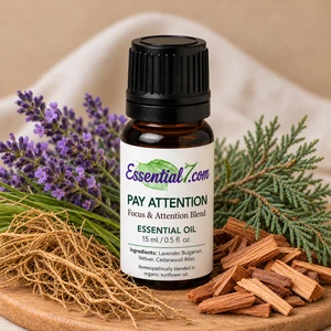 Essential7 Pay Attention Blend bottle with Bulgarian lavender, vetiver roots, and Atlas cedarwood.