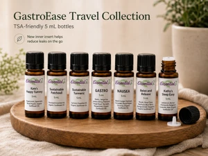 Essential7 GastroEase Travel Collection featuring seven TSA-friendly 5 mL amber essential oil bottles — Kate’s Happy Tummy, Sustainable Patchouli, Sustainable Turmeric, Gastro, Nausea, Relax and Release, and Kathy’s Sleep Easy — with new inner travel inserts to help reduce leaks on the go.
