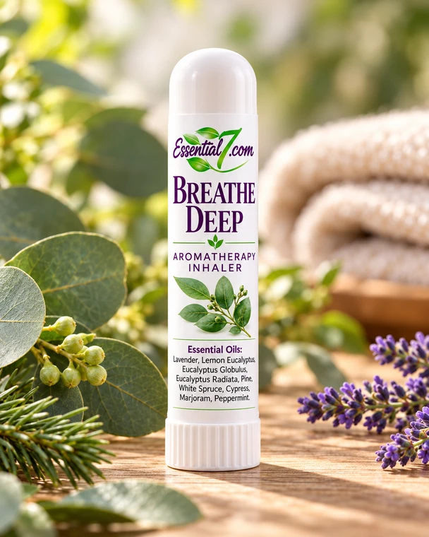 Essential7 Breathe Deep aromatherapy inhaler featuring a botanical essential oil blend with eucalyptus, lavender, peppermint and pine, displayed with fresh greenery and lavender on a natural wood background.